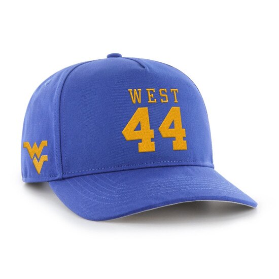 Royal blue WVU Jerry West hat with West over 44 embroidered in gold on the front panels and a gold Flying WV embroidered on the lower left panels