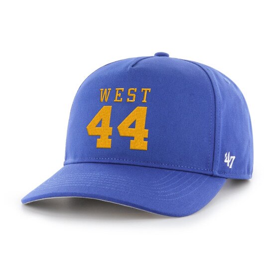 Royal blue WVU Jerry West hat with West over 44 embroidered in gold on the front panels and a gold Flying WV embroidered on the lower left panels