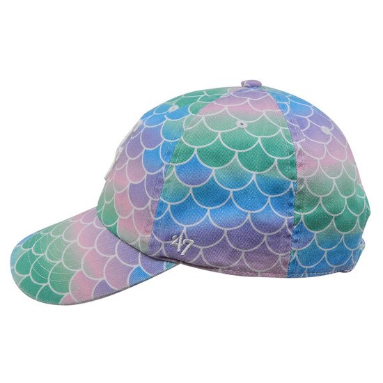 Left side of the blue, pink, and green mermaid scale patterned 47 Brand WVU youth hat with a'47 embroidered on the side