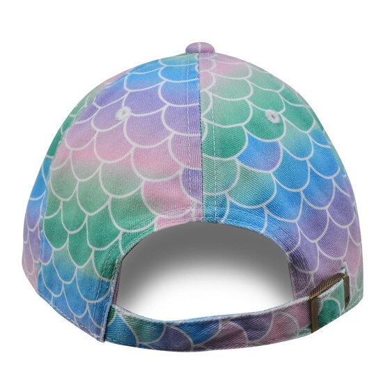 Back of the blue, pink, and green mermaid scale patterned 47 Brand WVU youth hat showing the adjustable slide buckle closure