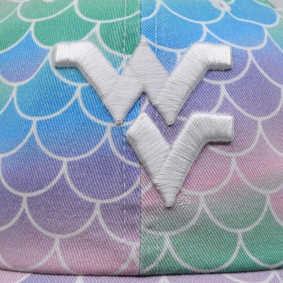 Close up of the white raised embroidered Flying WV on the front panels of the blue, pink, and green mermaid scale patterned 47 Brand WVU youth hat