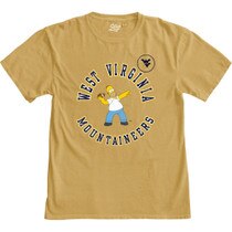 Mustard WVU Homer Simpson tee with West Virginia Mountaineers circular screen print around Homer Simpson going deep with a football