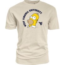 Light brown WVU tee with an iconic Homer Simpson whistling full front screen print featuring West Virginia University and the Flying WV Logo