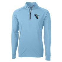 Atlas blue WVU quarter zip pullover with a retro stacked WVU on top of the state of West Virginia on the left chest