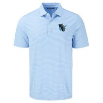 Atlas blue WVU polo with a retro stacked WVU over the state of West Virginia as the left chest graphic