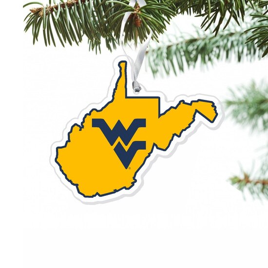 Acrylic WVU tree ornament in the shape of the state of West Virginia with a Flying WV inside