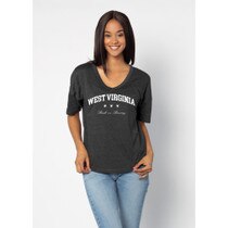 Black WVU women's v-neck tee with an arched West Virginia over 3 stars over Built on Bravery