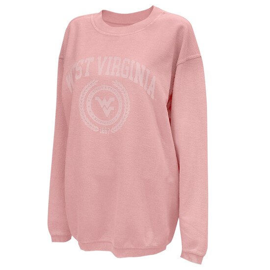 Urban pink WVU chickad crew sweatshirt with West Virginia arched over a faux seal with the Flying WV Logo surrounded by laurel screen printed in a cool grey ink
