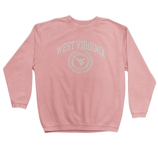 Flat lay of the urban pink WVU chickad crew sweatshirt with West Virginia arched over a faux seal with the Flying WV Logo surrounded by laurel screen printed in a cool grey ink