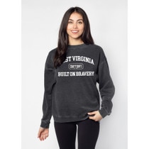 Charcoal WVU women's crew sweatshirt with West Virginia arched over Coal Never Quits logo over Built on Bravery full front screen print