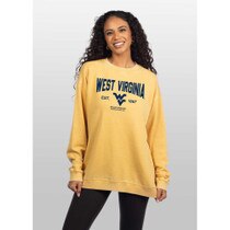 Gold WVU women's crew sweatshirt with a full front screen print featuring West Virginia in a flat top arch design