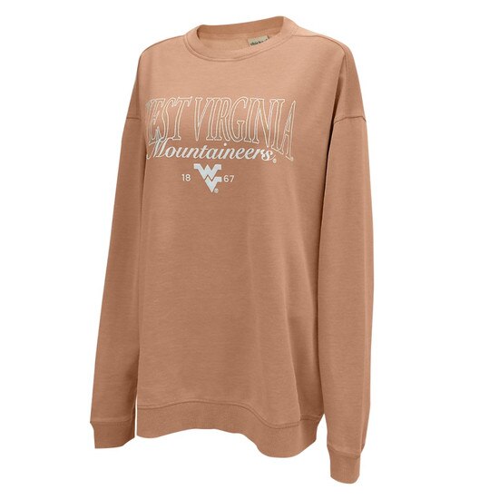 Latte WVU chickad crew sweatshirt with an outlined West Virginia over script Mountaineers over the Flying WV Logo full front screen print