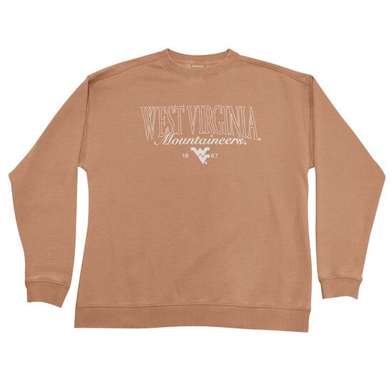 Flat lay of the latte WVU chickad crew sweatshirt with an outlined West Virginia over script Mountaineers over the Flying WV Logo full front screen print