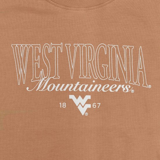 Close up of the of the outlined West Virginia over script Mountaineers over the Flying WV Logo full front screen print on the latte WVU chickad crew sweatshirt