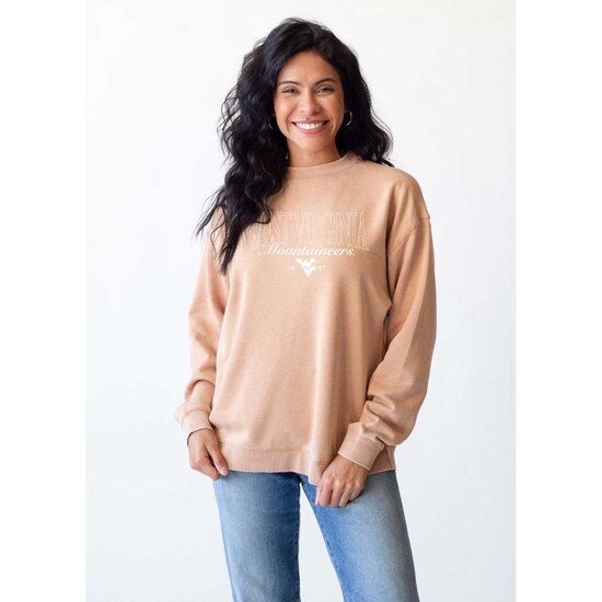 Model wearing the latte WVU chickad crew sweatshirt with an outlined West Virginia over script Mountaineers over the Flying WV Logo full front screen print