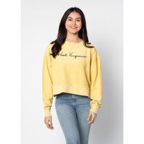 Gold WVU women's cropped crew sweatshirt with a West Virginia heavy script screen print