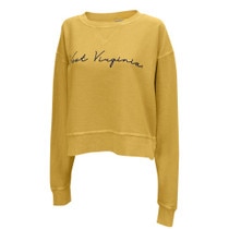Gold WVU women's cropped crew sweatshirt with a West Virginia heavy script screen print