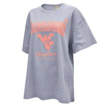 Faded denim chickad WVU oversized tee with Mountaineers over the Flying WV Logo over Morgantown over West Virginia full front screen print