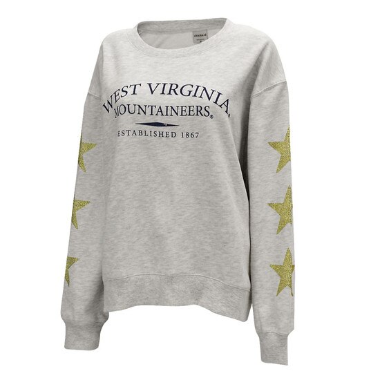 Ash grey Chickad WVU women's crew sweatshirt with Full front screen print featuring West Virginia arched over Mountaineers and gold rhinestone stars down the sleeves