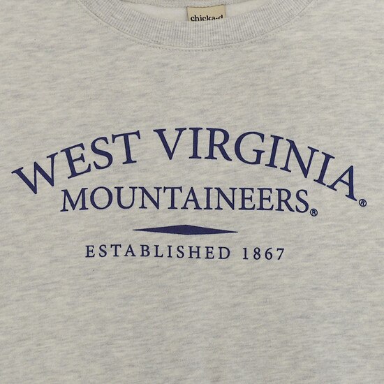 Close up of the full front screen print featuring West Virginia arched over Mountaineers on the ash grey Chickad WVU women's crew sweatshirt