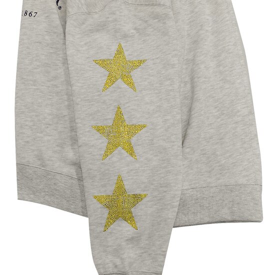 Close up of the gold rhinestone stars down the sleeves of the ash grey Chickad WVU women's crew sweatshirt