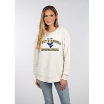 White WVU women's crew sweatshirt with full front screen print featuring the Flying WV Logo, West Virginia and Mountaineers