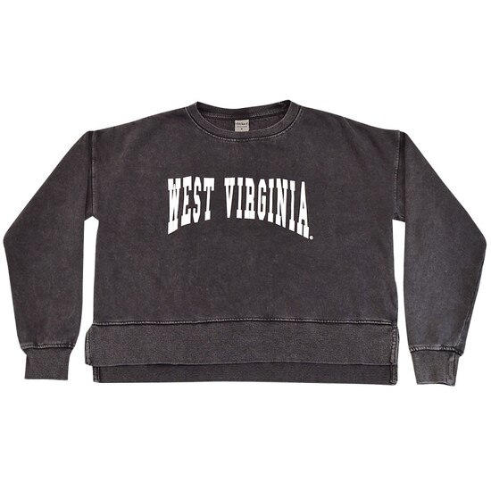 Flat lay of the smoke WVU cropped crew sweatshirt with West Virginia in white as the chest graphic