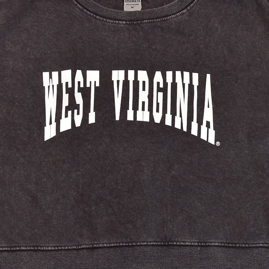 Close up of the West Virginia in white as the chest graphic on the Smoke WVU cropped crew sweatshirt