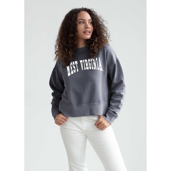 Model wearing the smoke WVU cropped crew sweatshirt with West Virginia in white as the chest graphic