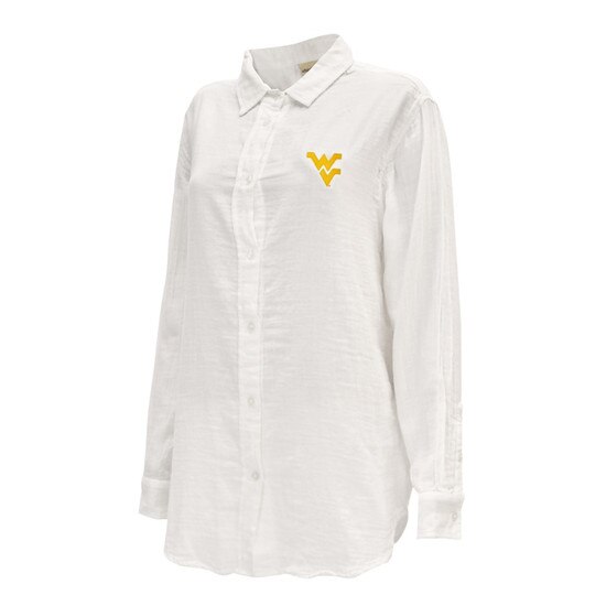 White chickad WVU women's long sleeve button up with a Flying WV Logo embroidery at left chest