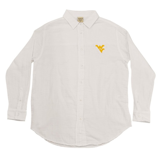 Flat lay of the white chickad WVU women's long sleeve button up with a Flying WV Logo embroidery at left chest