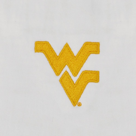 Close up of the Flying WV Logo embroidery at left chest of the white chickad WVU women's long sleeve button up