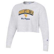 Silver grey Champion women's reverse weave cropped crew with West Virginia Mountaineers full front screen print