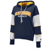 Navy WVU women's hoodie with full front West Virginia Mountaineers applique and retro-inspired white colorblocking at sleeves