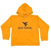 Flat lay of the gold Champion WVU youth hoodie with Flying WV Logo over West Virginia over Mountaineers screen print at center chest