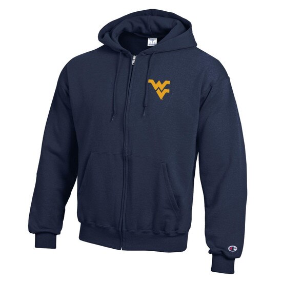 Navy WVU full zip hoodie with a Flying WV screen printed on the left chest