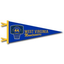 WVU Jerry West pennant with a #44 basketball hoop graphic beside West Virginia Mountaineers verbiage