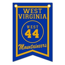 Blue WVU Jerry West banner with West Virginia over a West #44 circle graphic over Mountaineers