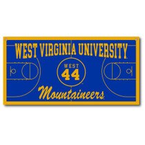 Rectangle WVU Jerry West banner with basketball court outline with West Virginia University above a center court West 44 over Mountaineers
