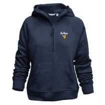 Navy WVU women's half zip pullover with a West Virginia over a Flying WV on the left chest