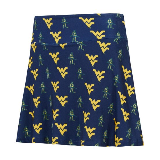 Navy WVU women's skort with all-over Flying WV and Mountaineer mascot print