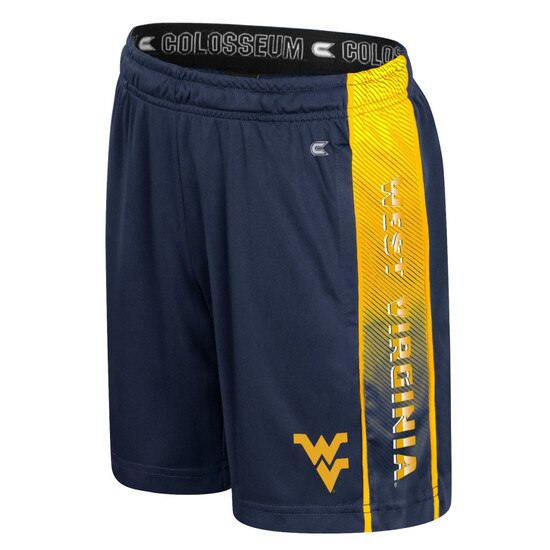 Navy WVU youth shorts with a Flying WV lightweight rubberized print at lower left leg and West Virginia vertical screen print in left leg side insert