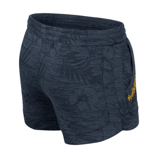 Back of the navy tropical print WVU girl's shorts with a Flying WV Logo screen print on lower left leg and Mountaineers script on right front pocket