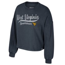 Navy WVU women's crew sweatshirt with West Virginia athletic tail over Mountaineers full front white washed out screen print featuring the Flying WV in gold
