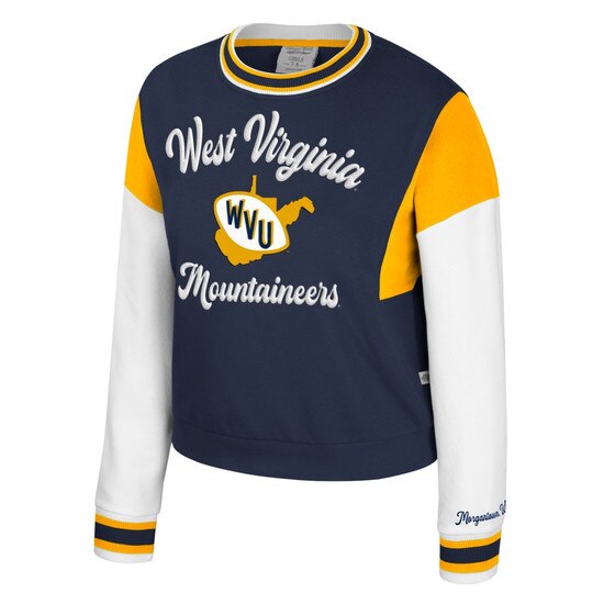 Navy, gold, and white color blocked WVU girl's crew sweatshirt with West Virginia over a retro football WVU logo over Mountaineers heavy embroidery and cotton jersey applique on front