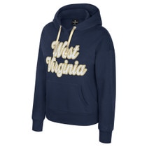 Navy West Virginia women's hoodie with West Virginia in white chenille with gold glitter outline full front design