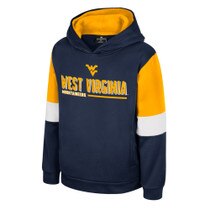Navy and gold youth WVU hoodie with full front lightweight rubberized print featuring the Flying WV, West Virginia, and Mountaineers