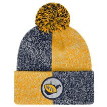 Front of the navy and gold color-blocked WVU winter beanie with a navy and gold pom pom on top and a vault logo felt applique on front cuff