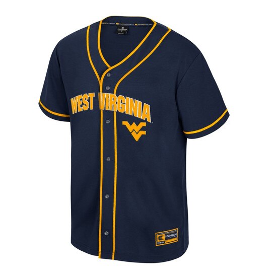 Navy WVU youth baseball jersey with Arched West Virginia over the Flying WV Logo tackle twill embroidery on front