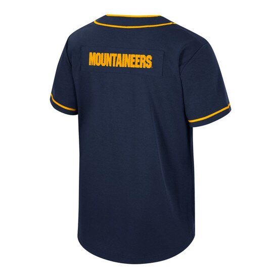 Back of the navy WVU youth baseball jersey with Mountaineers tackle twill embroidery across upper back